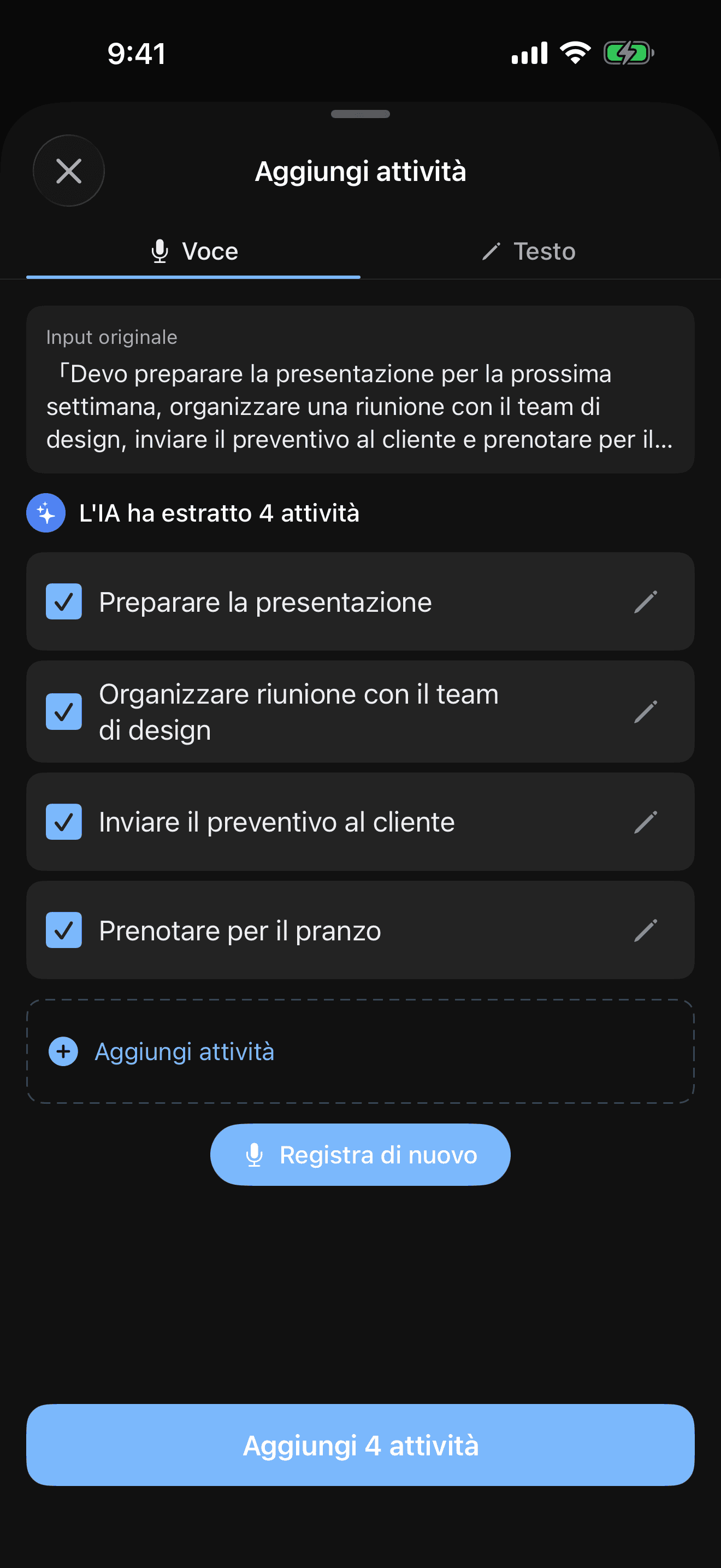 Schermata suddivisione IA delle attività