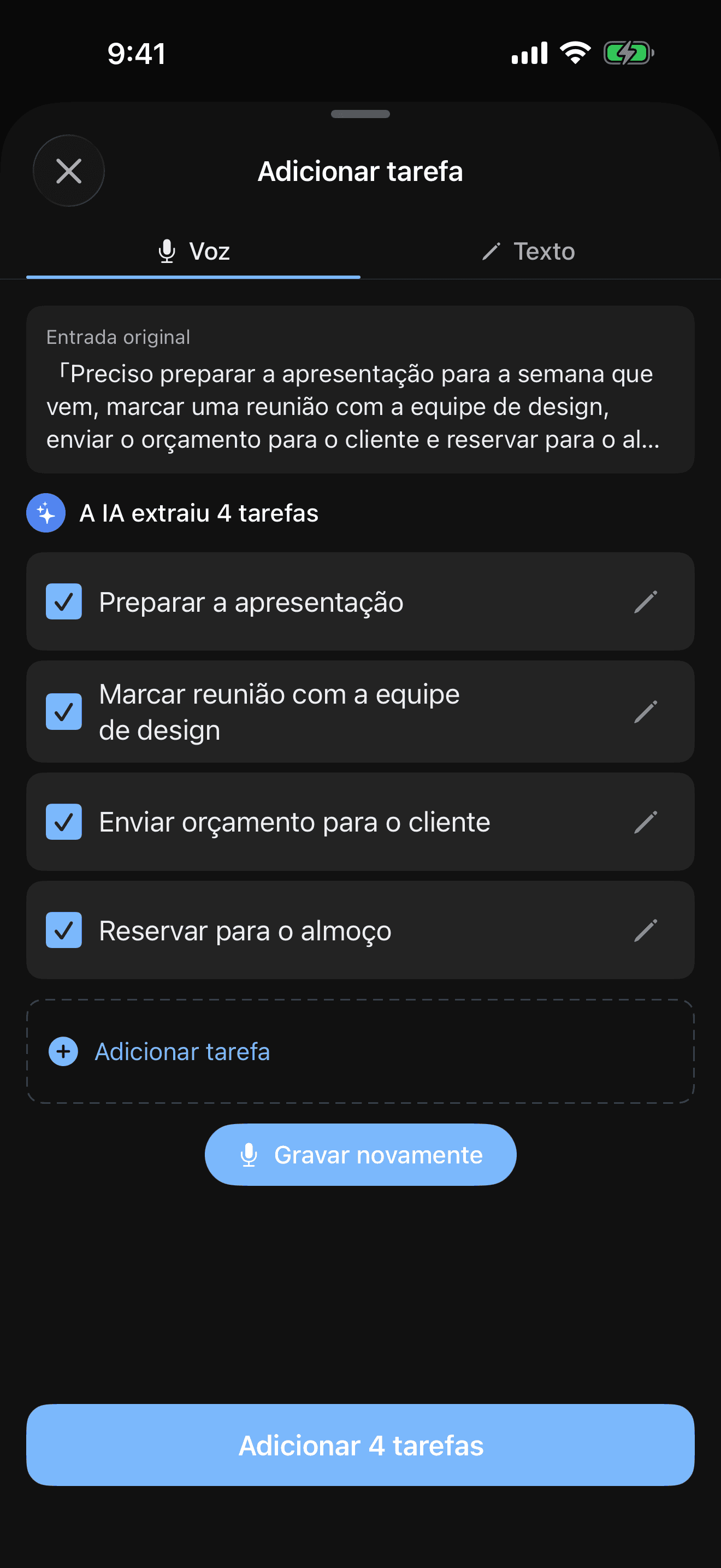 Tela de divisão de tarefas por IA